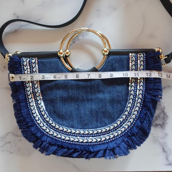 Vince Camuto Elia Fringe Denim Satchel Blue Ink Boho Leather Gold Bracelet Bag - Picture 10 of 13
